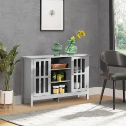 HOMCOM Modern Sideboard Storage Cabinet Buffet With 2 Slatted Framed Doors Open Middle Shelving And Cable Management Hole White -The Novogratz Shop 6031206 ALT2