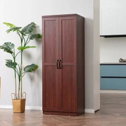 HOMCOM 63" 2 Door Kitchen Pantry Freestanding Storage Cabinet With 2 Adjustable Shelves For Kitchen Or Living Room Brown -The Novogratz Shop 6031221 ALT2
