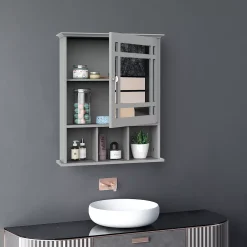Kleankin Bathroom Cabinet Wall Mount With Mirror Door 3 Shelf Organizer For Bathroom Kitchen Bedroom Grey -The Novogratz Shop 6031251 ALT2