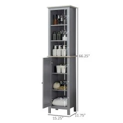Kleankin Tall Bathroom Storage Cabinet With 3 Tier Shelf Cupboard Door Free Standing Linen Tower Slim Side Organizer Grey -The Novogratz Shop 6031254 ALT2