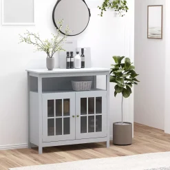 HOMCOM Kitchen Sideboard Storage Buffet Cabinet With Open Shelf Glass Door Cabinet And Adjustable Shelf Cherry -The Novogratz Shop 6031267 ALT