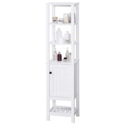 HOMCOM Freestanding Wood Bathroom Storage Tall Cabinet Organizer Tower With Shelves And Compact Design White -The Novogratz Shop 6031269 ALT