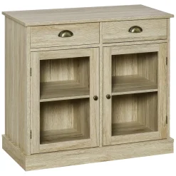 HOMCOM Rustic Farmhouse Sideboard Buffet Cabinet With 2 Glass Doors Adjustable Shelves And 2 Drawers For Kitchen Living Room Oak