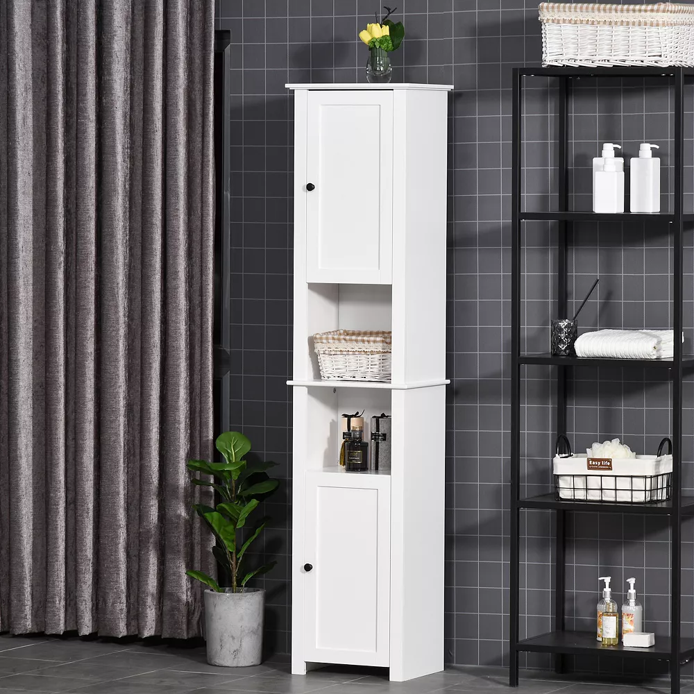 HOMCOM Tall Bathroom Storage Cabinet Freestanding Linen Tower With 2 Tier Shelf And 2 Cupboards Narrow Side Floor Organizer White 4 HOMCOM Tall Bathroom Storage Cabinet Freestanding Linen Tower With 2 Tier Shelf And 2 Cupboards Narrow Side Floor Organizer White - Image 2