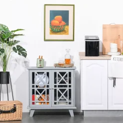 HOMCOM Wood Accent Sideboard Buffet Serveing Storage Cabinet With Fretwork Doors And Elevated Base Grey -The Novogratz Shop 6031330 ALT