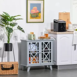 HOMCOM Wood Accent Sideboard Buffet Serveing Storage Cabinet With Fretwork Doors And Elevated Base Grey -The Novogratz Shop 6031330 ALT2