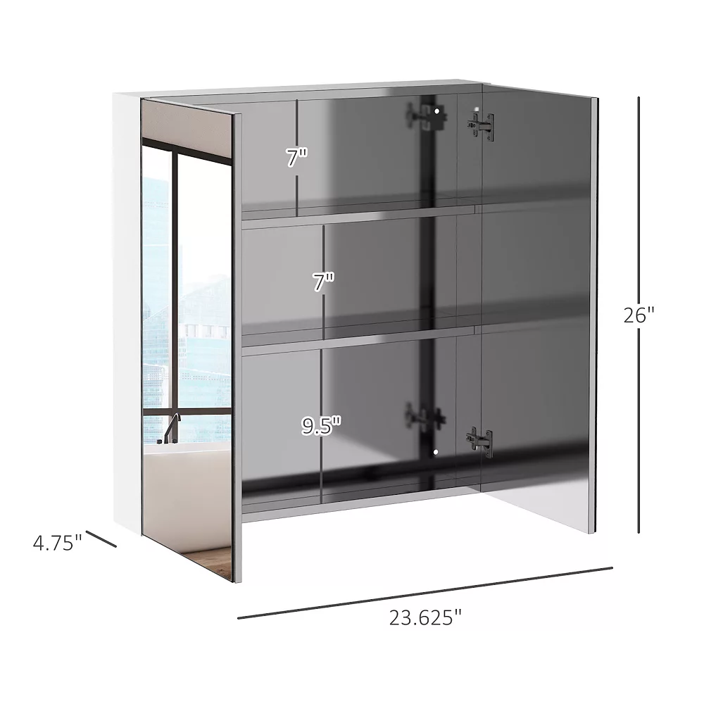 Kleankin Bathroom Mirrored Cabinet 24"x26" Stainless Steel Frame Medicine Cabinet Wall Mounted Storage Organizer With Double Doors Silver 4 Kleankin Bathroom Mirrored Cabinet 24"x26" Stainless Steel Frame Medicine Cabinet Wall Mounted Storage Organizer With Double Doors Silver - Image 2