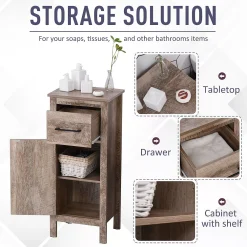 Kleankin Bathroom Floor Cabinet Storage Cupboard With Drawer And Adjustable Shelf For Entryway Or Living Room Barnwood -The Novogratz Shop 6031420 ALT2
