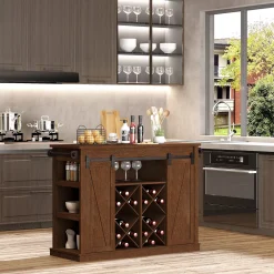 HOMCOM 53" Portable Kitchen Island Utility Kitchen Trolley Storage Cart On Wheels With Sliding Barn Doors 3 Tier Shelves Wine Rack And Towel Holders Walnut -The Novogratz Shop 6031443 ALT2