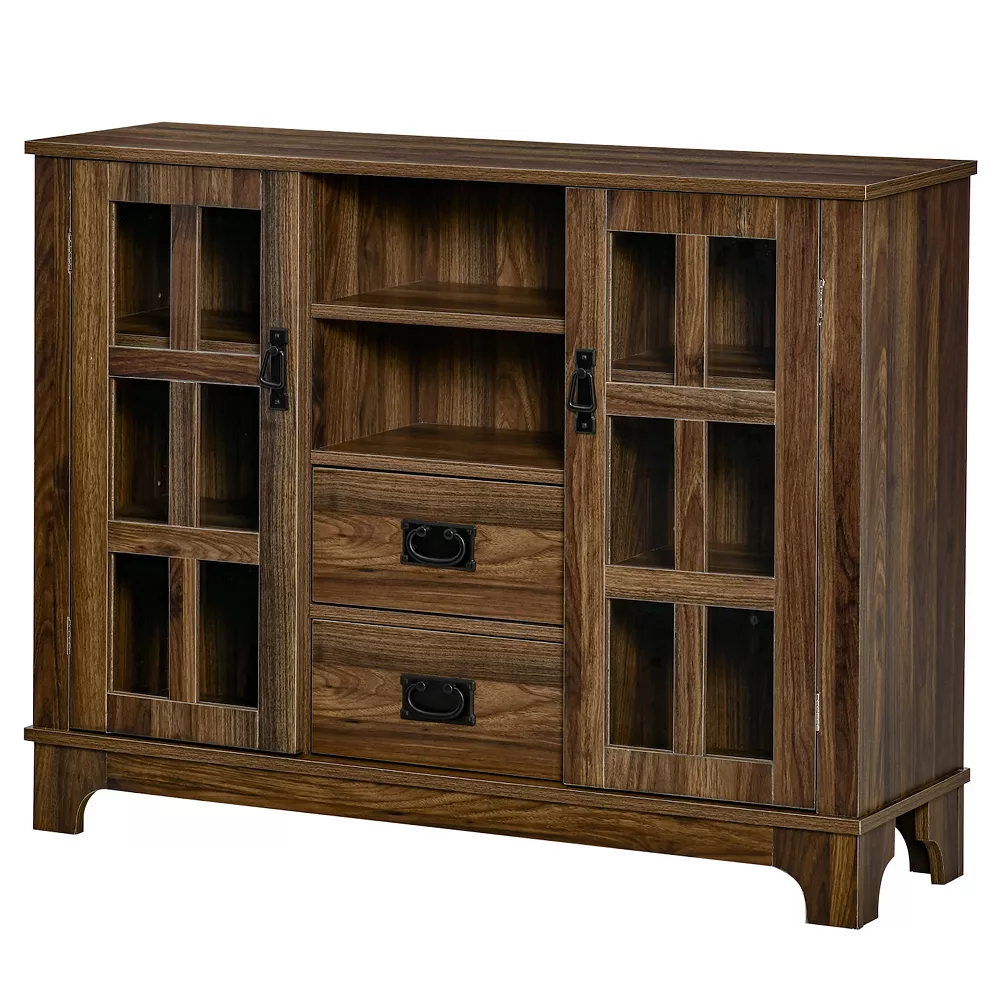 HOMCOM Sideboard Storage Cabinet Kitchen Cupboard Buffet Server With Glass Doors 2 Drawers And Adjustable Shelves For Living Room Walnut 4 HOMCOM Sideboard Storage Cabinet Kitchen Cupboard Buffet Server With Glass Doors 2 Drawers And Adjustable Shelves For Living Room Walnut - Image 2