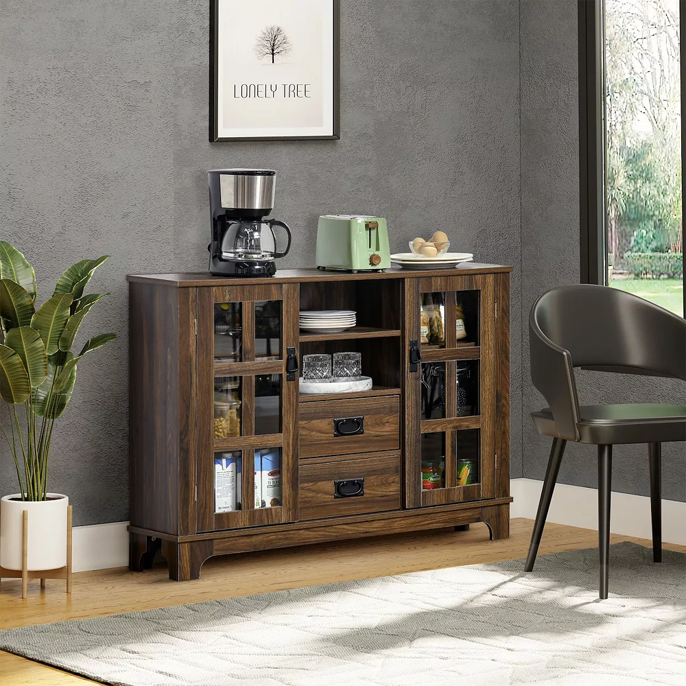 HOMCOM Sideboard Storage Cabinet Kitchen Cupboard Buffet Server With Glass Doors 2 Drawers And Adjustable Shelves For Living Room Walnut 5 HOMCOM Sideboard Storage Cabinet Kitchen Cupboard Buffet Server With Glass Doors 2 Drawers And Adjustable Shelves For Living Room Walnut - Image 3