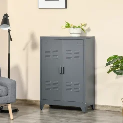 HOMCOM Industrial Style Steel Storage Cabinet Metal Storage Organizer With 2 Tier Adjustable Shelves For Living Room Or Home Office Grey 7 HOMCOM Industrial Style Steel Storage Cabinet Metal Storage Organizer With 2 Tier Adjustable Shelves For Living Room Or Home Office Grey -The Novogratz Shop 6031549 ALT2
