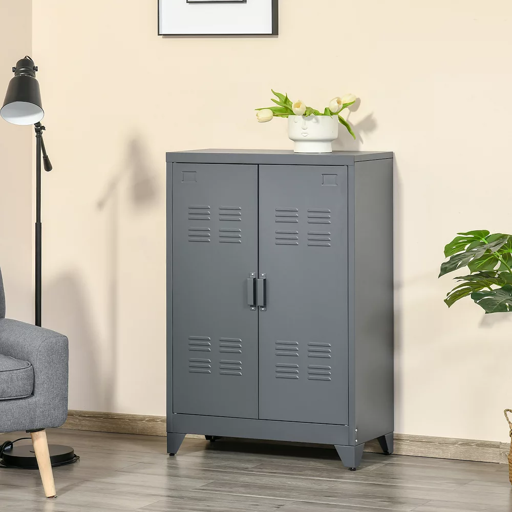 HOMCOM Industrial Style Steel Storage Cabinet Metal Storage Organizer With 2 Tier Adjustable Shelves For Living Room Or Home Office Grey 5 HOMCOM Industrial Style Steel Storage Cabinet Metal Storage Organizer With 2 Tier Adjustable Shelves For Living Room Or Home Office Grey - Image 3