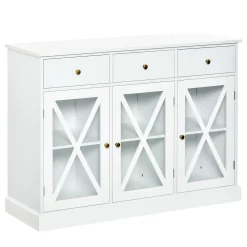 HOMCOM 45" Farmhouse Style Kitchen Sideboard Serving Buffet Storage Cabinet Cupboard With Glass Doors And 3 Drawers White