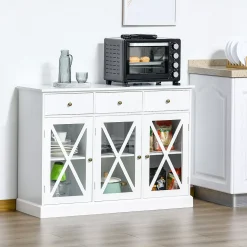 HOMCOM 45" Farmhouse Style Kitchen Sideboard Serving Buffet Storage Cabinet Cupboard With Glass Doors And 3 Drawers White -The Novogratz Shop 6031624 ALT2