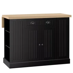 HOMCOM 47" Fluted Style Wooden Kitchen Island Kitchen Countertop Storage Cabinet With Drop Leaf Drawer Open Shelves Storage Black