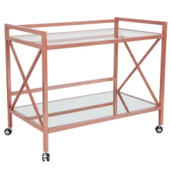 Merrick Lane Belmount Rolling Bar Cart Contemporary Kitchen Serving Cart With Mirrored Bottom Shelf And Crisscross Rose Gold Metal Frame
