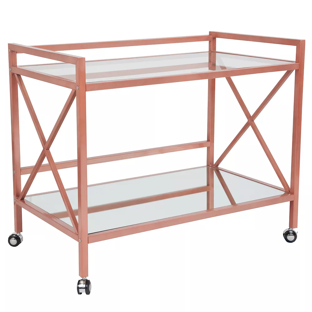 Merrick Lane Belmount Rolling Bar Cart Contemporary Kitchen Serving Cart With Mirrored Bottom Shelf And Crisscross Rose Gold Metal Frame 3 Merrick Lane Belmount Rolling Bar Cart Contemporary Kitchen Serving Cart With Mirrored Bottom Shelf And Crisscross Rose Gold Metal Frame
