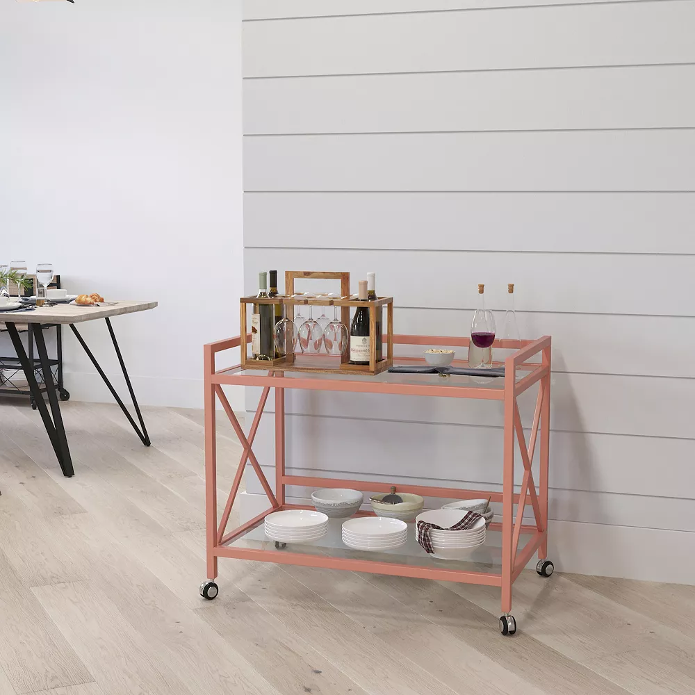 Merrick Lane Belmount Rolling Bar Cart Contemporary Kitchen Serving Cart With Mirrored Bottom Shelf And Crisscross Rose Gold Metal Frame 4 Merrick Lane Belmount Rolling Bar Cart Contemporary Kitchen Serving Cart With Mirrored Bottom Shelf And Crisscross Rose Gold Metal Frame - Image 2