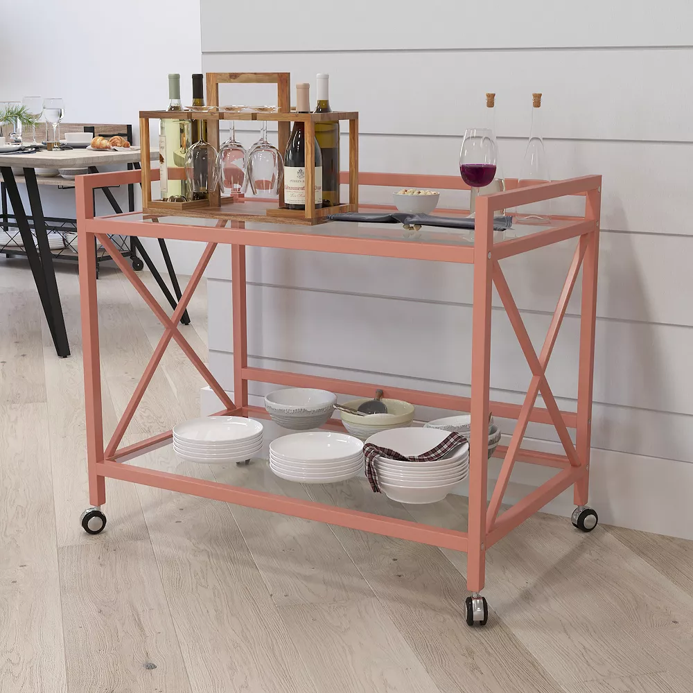 Merrick Lane Belmount Rolling Bar Cart Contemporary Kitchen Serving Cart With Mirrored Bottom Shelf And Crisscross Rose Gold Metal Frame 5 Merrick Lane Belmount Rolling Bar Cart Contemporary Kitchen Serving Cart With Mirrored Bottom Shelf And Crisscross Rose Gold Metal Frame - Image 3