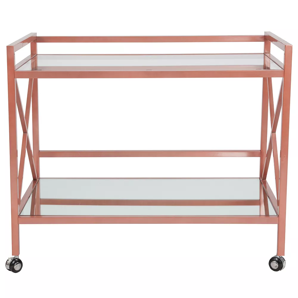Merrick Lane Belmount Rolling Bar Cart Contemporary Kitchen Serving Cart With Mirrored Bottom Shelf And Crisscross Rose Gold Metal Frame 6 Merrick Lane Belmount Rolling Bar Cart Contemporary Kitchen Serving Cart With Mirrored Bottom Shelf And Crisscross Rose Gold Metal Frame - Image 4