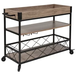 Merrick Lane Brookville Rolling Kitchen Serving And Bar Cart With Shelves And Wine Glass Holders In Distressed Light Oak Wood And Black Iron