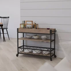 Merrick Lane Brookville Rolling Kitchen Serving And Bar Cart With Shelves And Wine Glass Holders In Distressed Light Oak Wood And Black Iron -The Novogratz Shop 6136993 ALT2