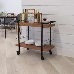 Merrick Lane Glasgow Bar Cart Industrial Modern Brown Wood Grain Laminate And Metal Small Rolling Bar Cart With Wine Bottle Racks -The Novogratz Shop 6136996 ALT2