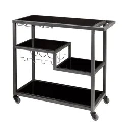 Benzara Contemporary Style Metal Bar Cart With Tempered Glass Shelves, Gunmetal Gray Black