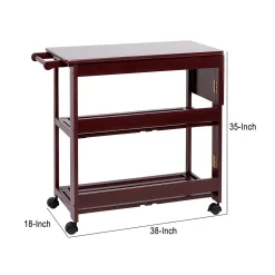 Benzara 38 Inch Handcrafted Rubberwood Kitchen Island Bar Cart, Knife Holder, Folding Frame, 2 Slatted Shelves, Cocoa Red 9 Benzara 38 Inch Handcrafted Rubberwood Kitchen Island Bar Cart, Knife Holder, Folding Frame, 2 Slatted Shelves, Cocoa Red -The Novogratz Shop 6192906 ALT3