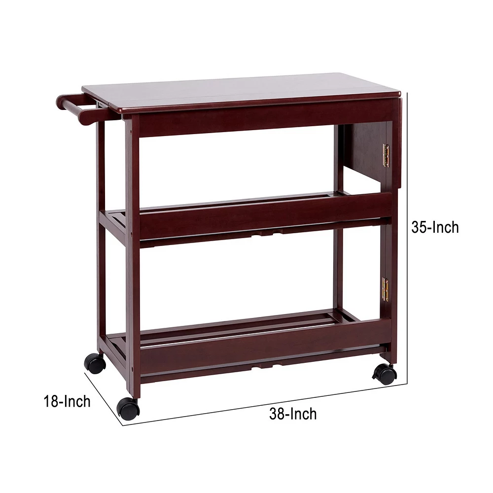Benzara 38 Inch Handcrafted Rubberwood Kitchen Island Bar Cart, Knife Holder, Folding Frame, 2 Slatted Shelves, Cocoa Red 6 Benzara 38 Inch Handcrafted Rubberwood Kitchen Island Bar Cart, Knife Holder, Folding Frame, 2 Slatted Shelves, Cocoa Red - Image 4
