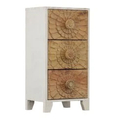Benzara 3 Drawer Mango Wood Accent Storage Cabinet With Detailed Front Panels, White And Brown