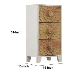 Benzara 3 Drawer Mango Wood Accent Storage Cabinet With Detailed Front Panels, White And Brown -The Novogratz Shop 6193063 ALT3