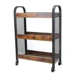 Benzara 3 Tier Wood And Metal Kitchen Cart With Mesh Side Panel, Brown And Black
