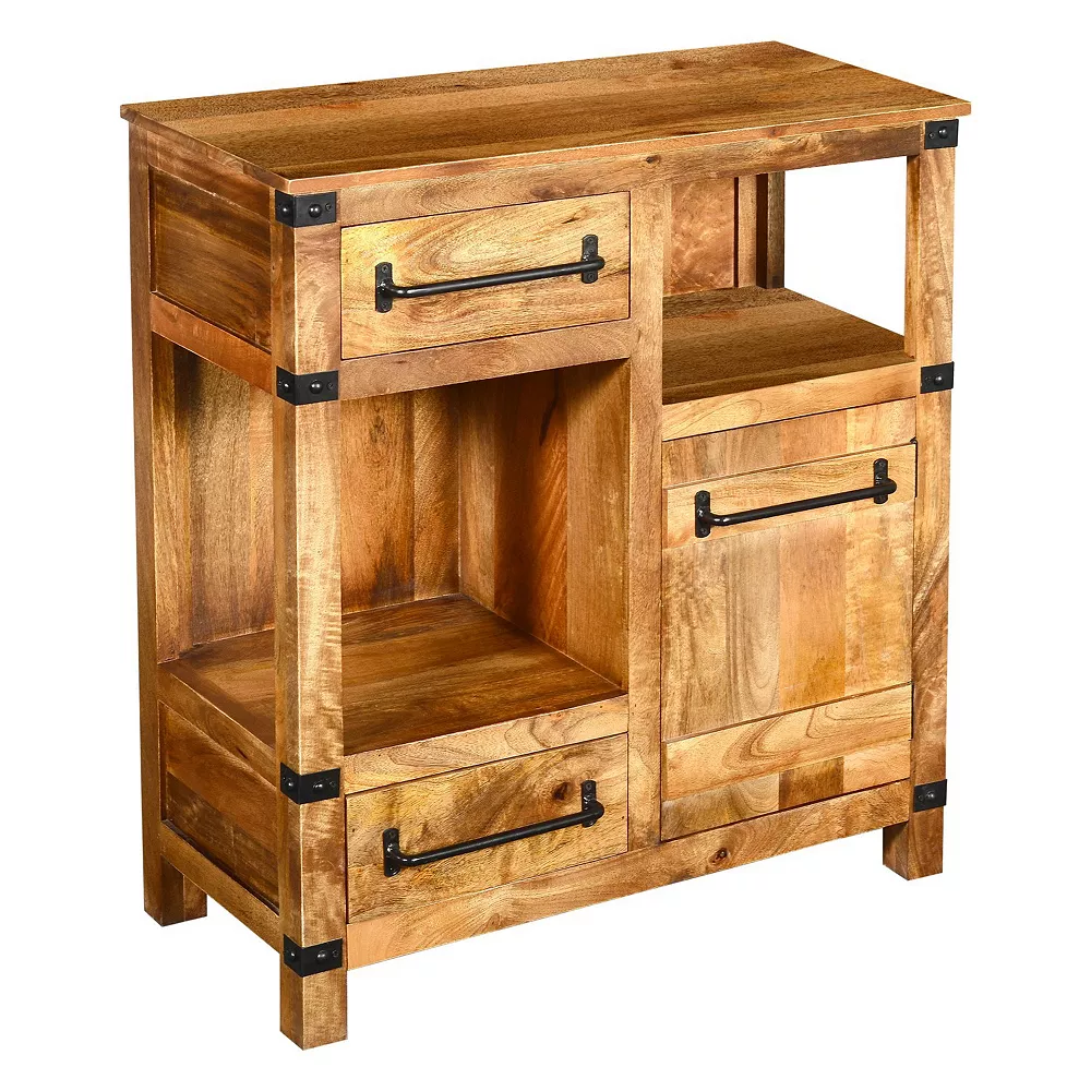 Benzara Wooden Cabinet With 2 Spacious Drawers And 2 Open Shelves, Brown And Black 3 Benzara Wooden Cabinet With 2 Spacious Drawers And 2 Open Shelves, Brown And Black