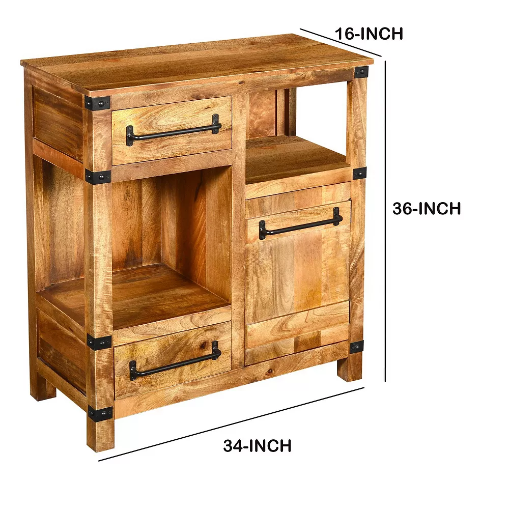 Benzara Wooden Cabinet With 2 Spacious Drawers And 2 Open Shelves, Brown And Black 6 Benzara Wooden Cabinet With 2 Spacious Drawers And 2 Open Shelves, Brown And Black - Image 4