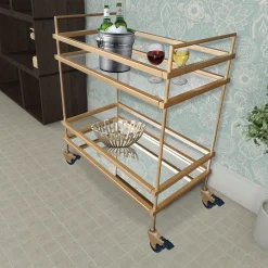 Benzara Modern Style Tubular Iron Bar Cart With 2 Mirrored Shelves, Gold -The Novogratz Shop 6193296 ALT3