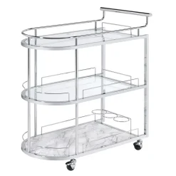 Benzara Serving Cart With Oval Shape And Metal Bar Handle, Silver