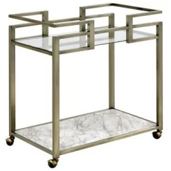 Benzara 2 Tier Serving Cart With Faux Marble And Metal Frame, Silver