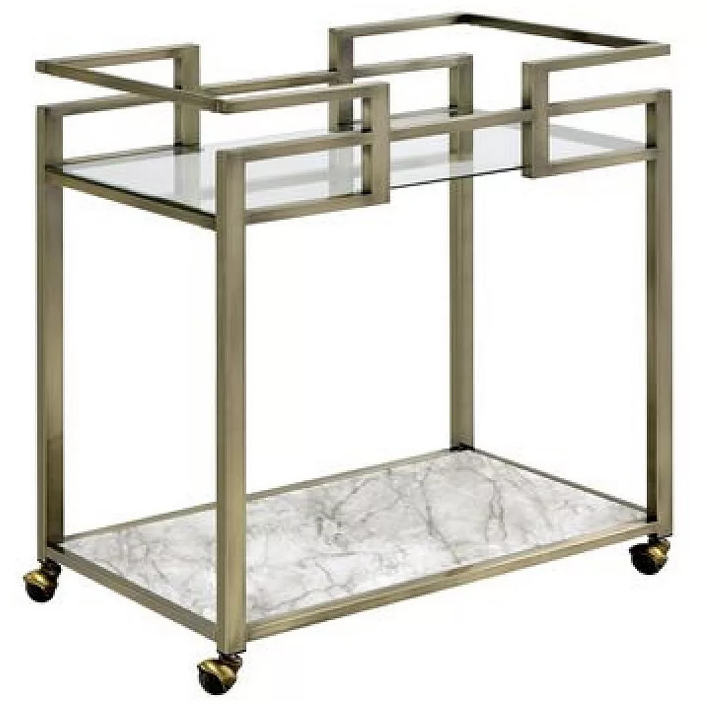 Benzara 2 Tier Serving Cart With Faux Marble And Metal Frame, Silver 3 Benzara 2 Tier Serving Cart With Faux Marble And Metal Frame, Silver