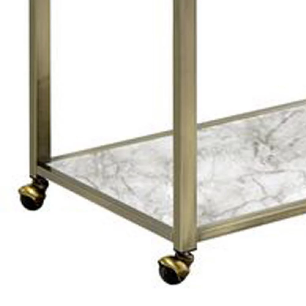 Benzara 2 Tier Serving Cart With Faux Marble And Metal Frame, Silver 6 Benzara 2 Tier Serving Cart With Faux Marble And Metal Frame, Silver - Image 4