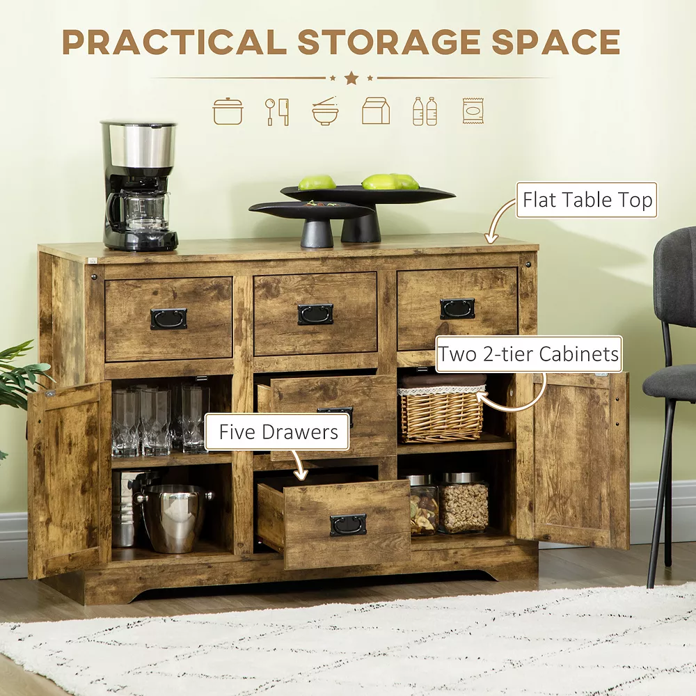 HOMCOM Industrial Kitchen Sideboard, Buffet Cabinet With Five Drawers, Two Door Cabinets, Adjustable Shelf For Living Room, Brown 6 HOMCOM Industrial Kitchen Sideboard, Buffet Cabinet With Five Drawers, Two Door Cabinets, Adjustable Shelf For Living Room, Brown - Image 4