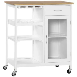 HOMCOM Utility Kitchen Cart, Rolling Kitchen Island Storage Trolley With Wine Rack, Shelves, Drawer And Cabinet, White