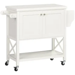 HOMCOM Utility Rolling Kitchen Island On Wheels With Rubber Wood Top White