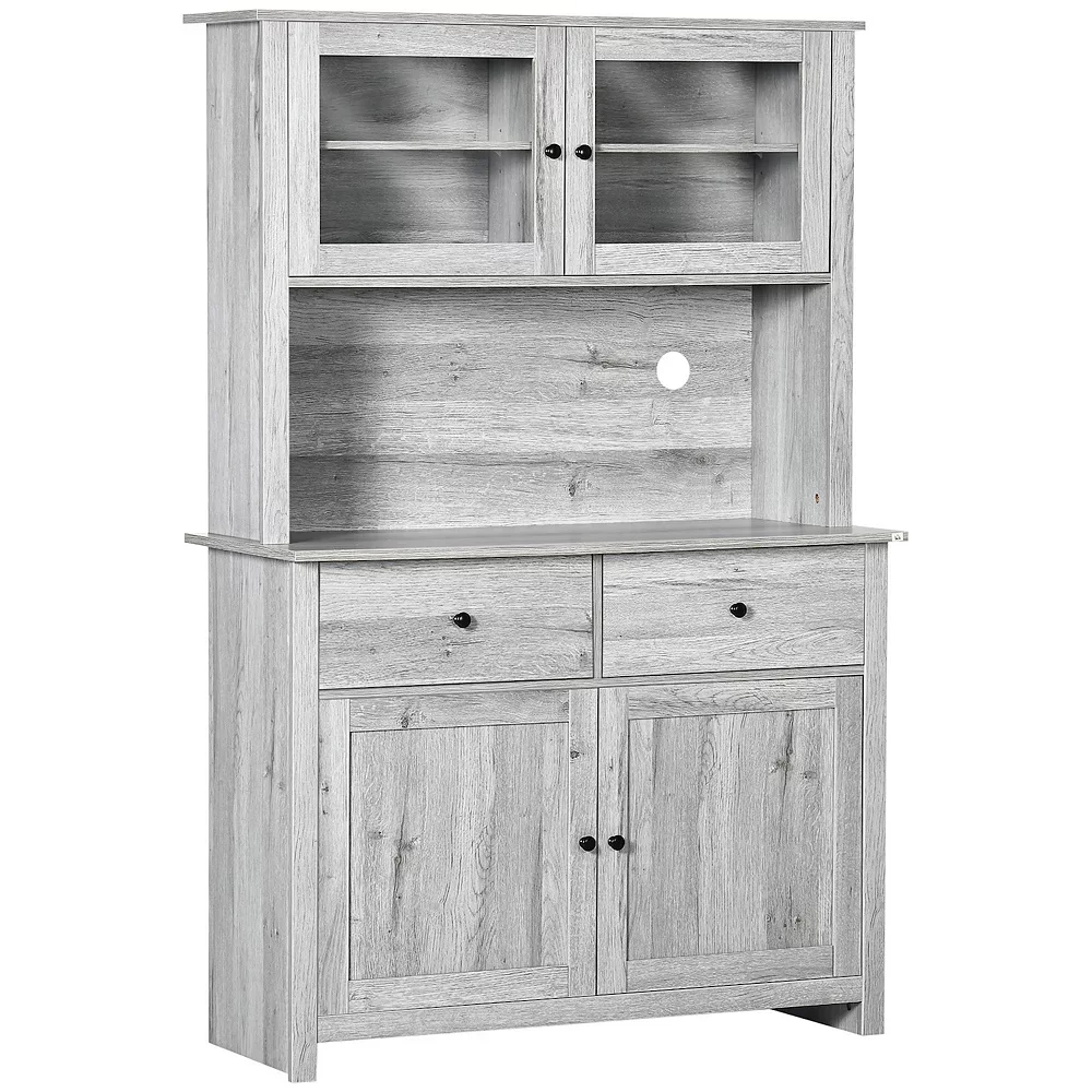HOMCOM 63.5" Kitchen Buffet With Hutch, Pantry Storage Cabinet With 4 Shelves, Drawers, Framed Glass Doors, Open Microwave Countertop, Ash Grey 3 HOMCOM 63.5" Kitchen Buffet With Hutch, Pantry Storage Cabinet With 4 Shelves, Drawers, Framed Glass Doors, Open Microwave Countertop, Ash Grey
