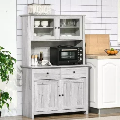 HOMCOM 63.5" Kitchen Buffet With Hutch, Pantry Storage Cabinet With 4 Shelves, Drawers, Framed Glass Doors, Open Microwave Countertop, Ash Grey 7 HOMCOM 63.5" Kitchen Buffet With Hutch, Pantry Storage Cabinet With 4 Shelves, Drawers, Framed Glass Doors, Open Microwave Countertop, Ash Grey -The Novogratz Shop 6261275 ALT