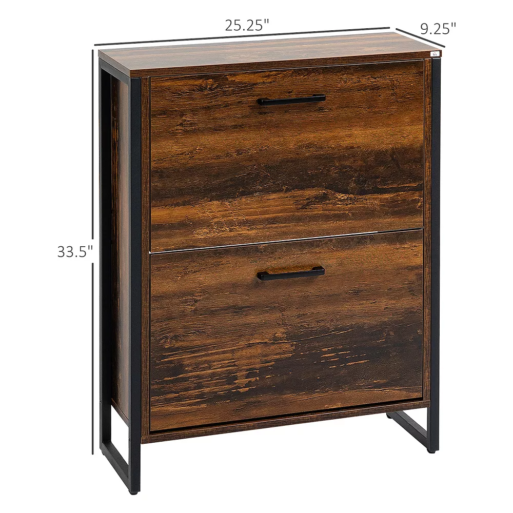 HOMCOM Shoe Cabinet With 2 Flip Doors, Slim 2-Drawer Shoe Cupboard With Divider And Open Compartment For 12 Pairs Of Shoes, Entryway Storage Unit, Rustic Brown 5 HOMCOM Shoe Cabinet With 2 Flip Doors, Slim 2-Drawer Shoe Cupboard With Divider And Open Compartment For 12 Pairs Of Shoes, Entryway Storage Unit, Rustic Brown - Image 3