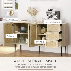 HOMCOM 61.5"L Buffet Cabinet, Rustic Sideboard With Storage Cabinets, Drawers And Adjustable Shelves For Living Room, Dining Room, Kitchen, Oak -The Novogratz Shop 6261287 ALT3