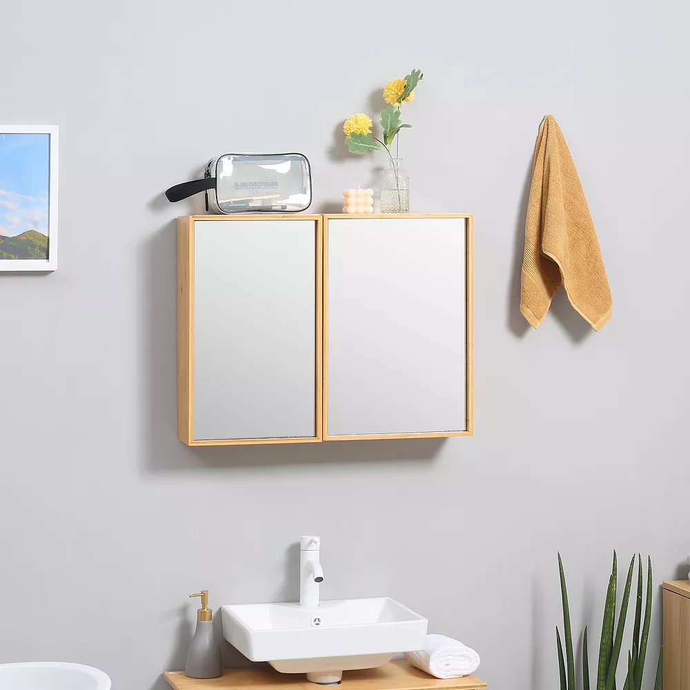 Kleankin Wall-Mounted Bathroom Medicine Cabinet With Mirror, Over Toilet Bathroom Cabinet With Interior Storage Shelves For Living Room And Laundry Room, Natural 4 Kleankin Wall-Mounted Bathroom Medicine Cabinet With Mirror, Over Toilet Bathroom Cabinet With Interior Storage Shelves For Living Room And Laundry Room, Natural - Image 2