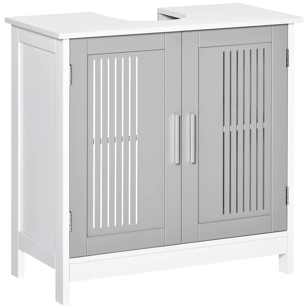 Kleankin Modern Under Sink Cabinet With 2 Doors, Pedestal Under Sink Bathroom Cupboard With Adjustable Shelves, Grey And White 3 Kleankin Modern Under Sink Cabinet With 2 Doors, Pedestal Under Sink Bathroom Cupboard With Adjustable Shelves, Grey And White